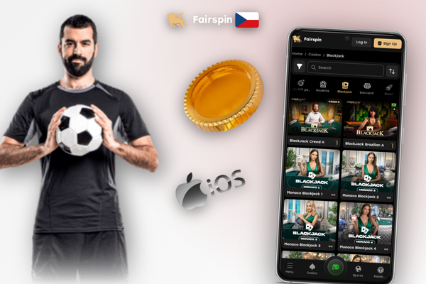 Fairspin aplikace v ruce se slotem a živým kasinem na displeji telefonu