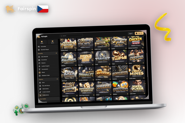 První spuštění Fairspin Casino desktop verze s přihlašovacím formulářem a náhledem lobby