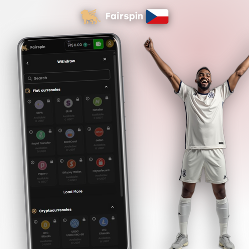 Fairspin Casino výběr peněz – peněženka s mincemi CZK a kryptosymboly BTC ETH USDT